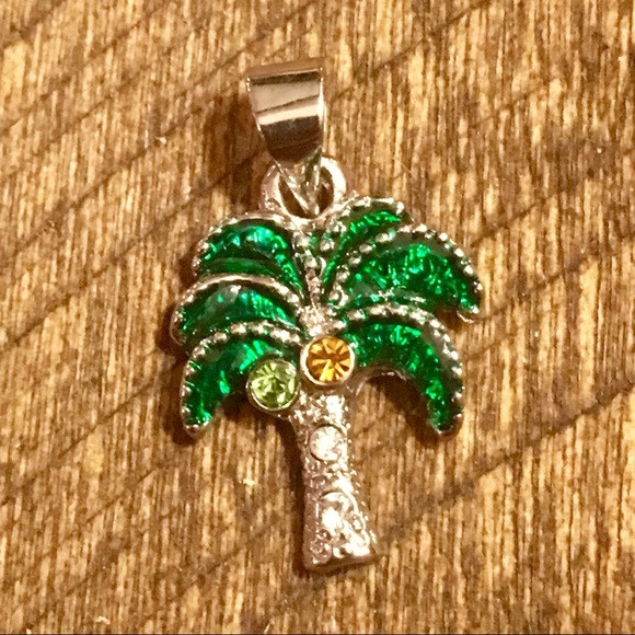 Palm Tree Necklace Charm Pendant Green Beach Ocean - Picture 2 of 2